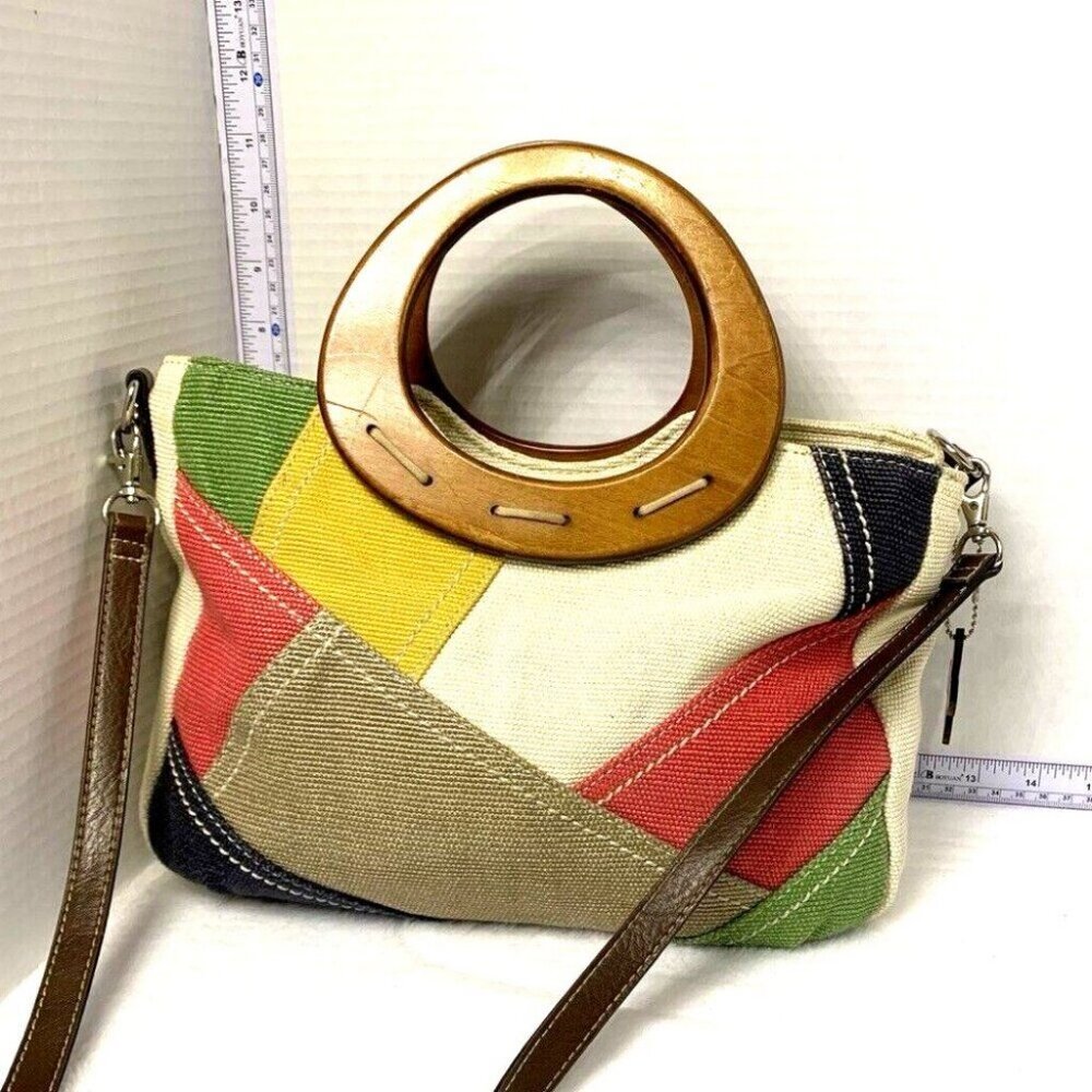 Relic Canvas Patchwork Satchel Handbag Purse Wood… - image 1